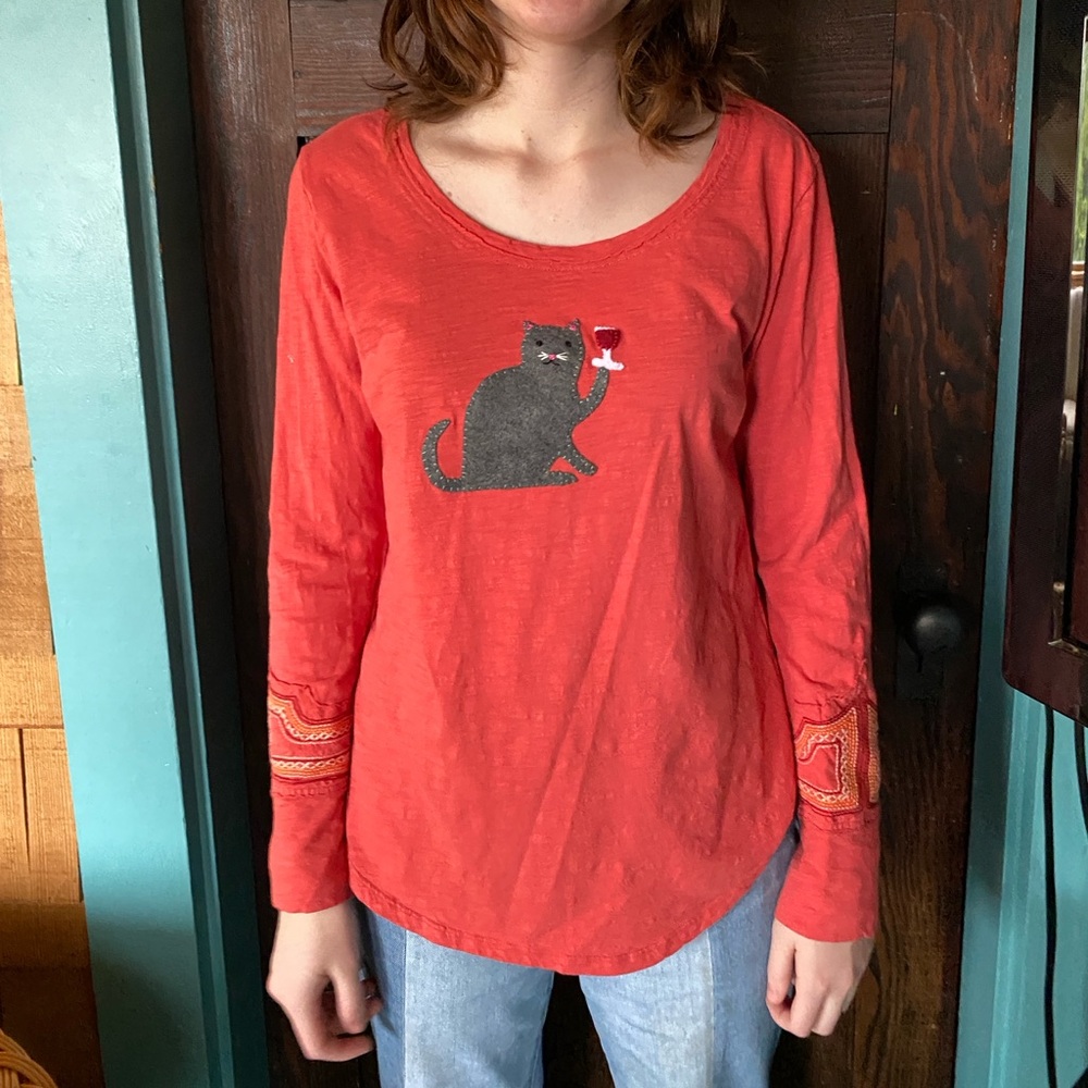 Handmade wine cat appliqué Pendleton Shirt